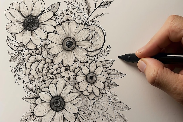 気まぐれな花々 手描きの花のドゥードル