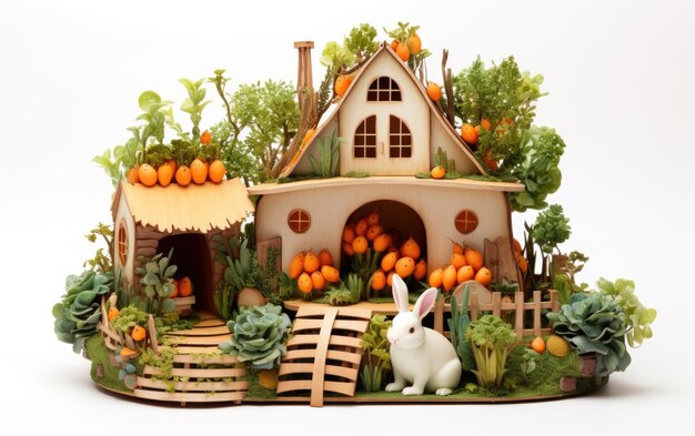 Whimsical Bunny House and Garden on White Background