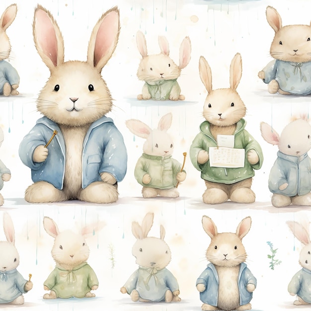 Whimsical Bunny in Raincoat Watercolor Rainfall Delight