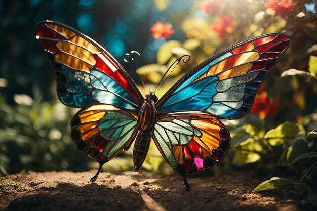 A whimsical butterfly made of colorful stained glass