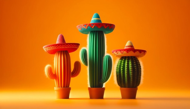 Whimsical Cacti Wearing Colorful Sombreros