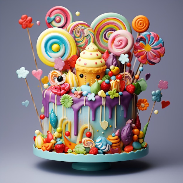 Whimsical Cake Creation with Sweet Colors and Playful Characters