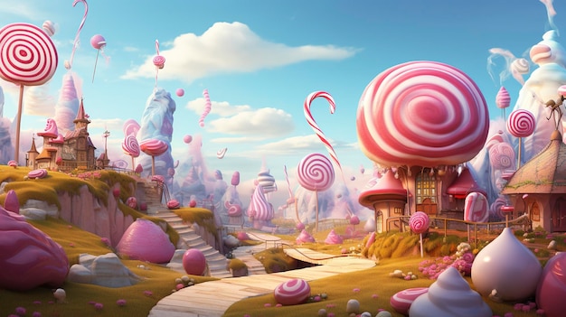 Whimsical candy land with giant lollipops and cupcakes