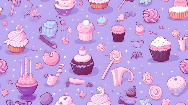 Photo whimsical candy and sweets pattern on a lilac background