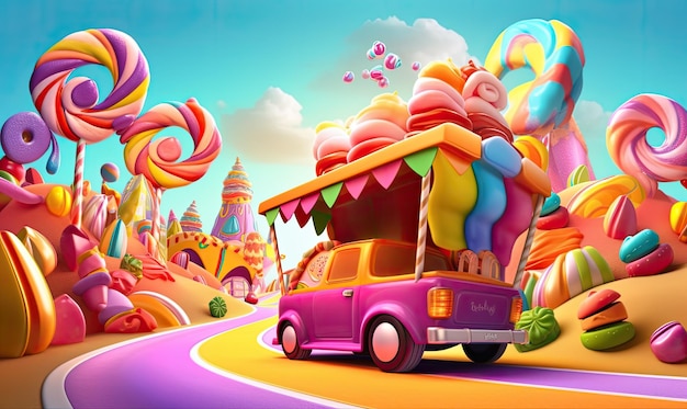 Photo whimsical candythemed food truck parked on a rainbow street creating using generative ai tools