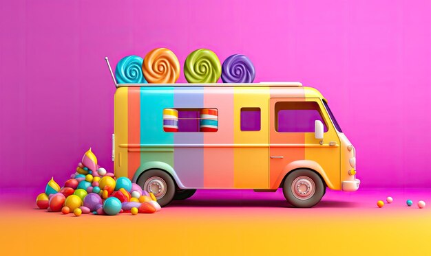 Photo whimsical candythemed food truck parked on a rainbow street creating using generative ai tools