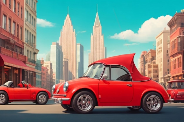 Причудливый макет окна машины с крошечным красным кабриолетом, курсирующим через оживленный город.