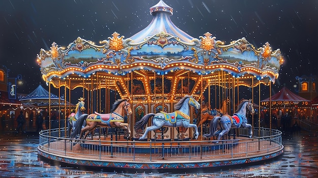 Foto carosello stravagante con cavalli ornati e illustrazioni di luci colorate