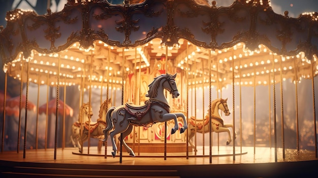 Whimsical carousel with ornate horses and lights