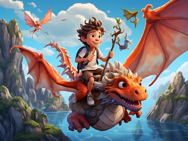 Photo a whimsical cartoon boy with a wild mop of hair and a playful expression riding a magical dragon