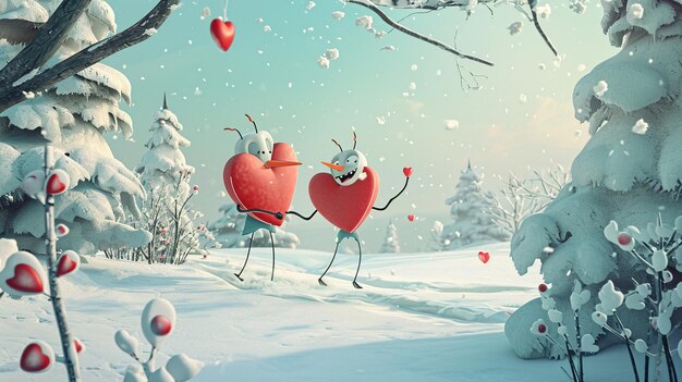 Photo a whimsical cartoon representation of heart characters playing in a snowfilled wonderland creating