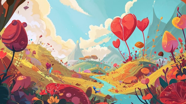 A whimsical cartoon scene featuring heart characters exploring a fantastical world filled with vibra