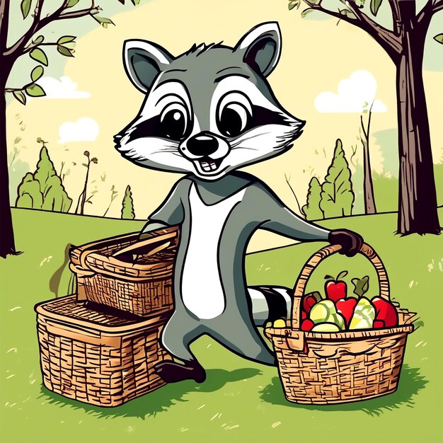 A Whimsical Cartoon Scene Of A Mischievous Raccoon Raiding A Picnic Basket