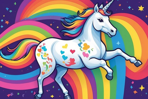 Foto unicorno di cartoni animati stravaganti che galoppano su rainbow generative ai