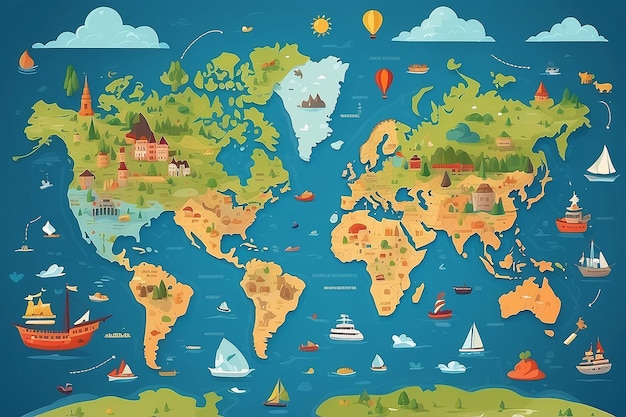 Whimsical Cartoon World Map with Landmarks Generative AI
