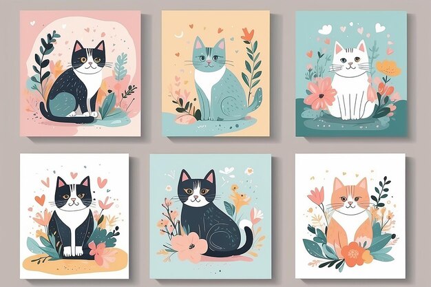 Whimsical Cat Delight Cute Spring Cards with Colorful Doodles