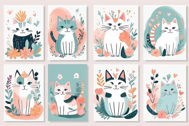 Whimsical Cat Delight Cute Spring Cards with Colorful Doodles