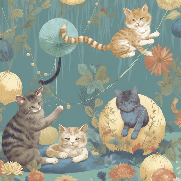 Photo whimsical catthemed wallpaper showcasing feline charm