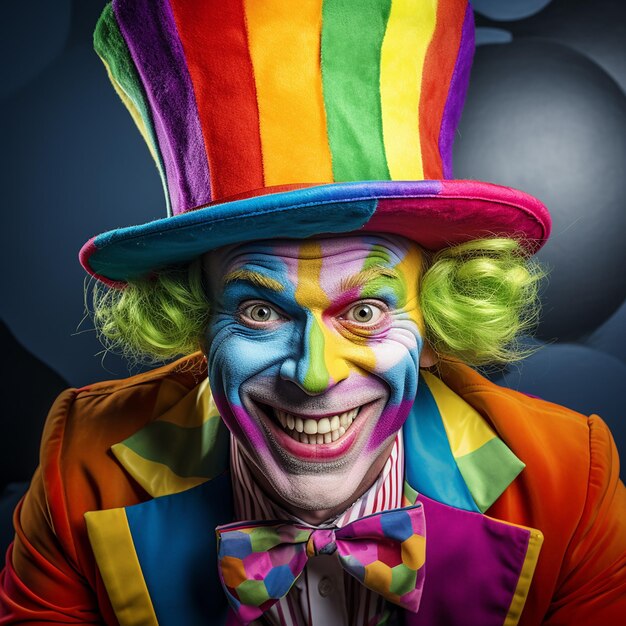 Whimsical Charm Clown with RainbowColored Hat and Costume