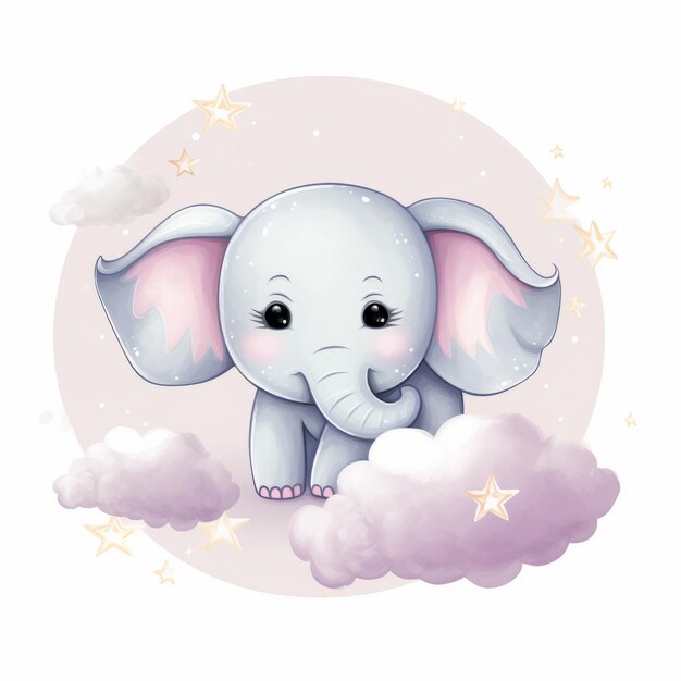 Whimsical Charm Kawaii Moon Cloud and Elephant Clipart on a White Background