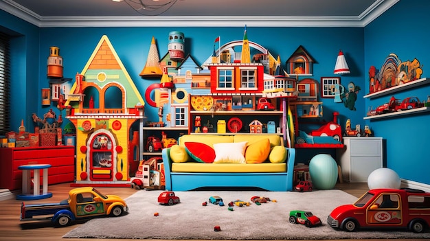 Whimsical children playroom filled with colorful toys