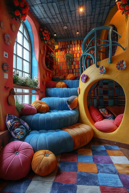 Whimsical childrens playroom with bright colors and imaginative decorhyperrealistic