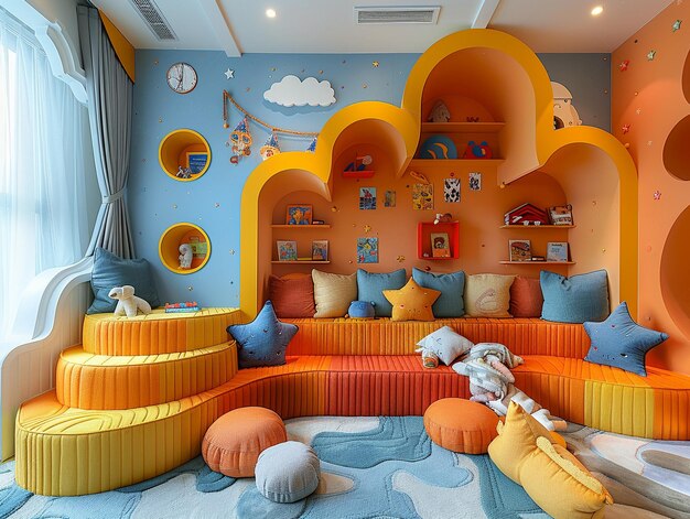 Whimsical childrens playroom with bright colors and imaginative decorsuper detailed