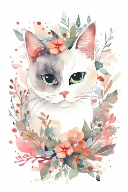 Whimsical Christmas Cat in Watercolor Style on White Background Generative AI