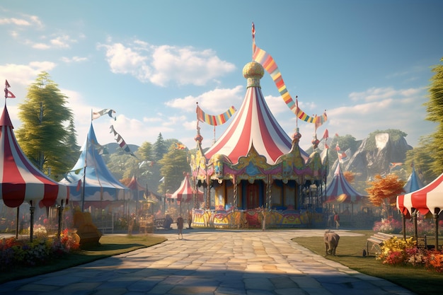 A whimsical circus tent surrounded by vibrant carn 00581 03