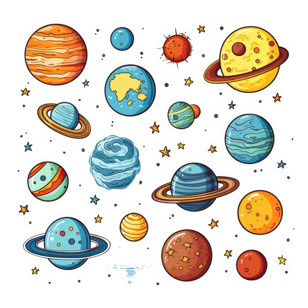 Whimsical Clip Art Planets and Comets Vibrant Illustrations on White Background Perfect for Kids