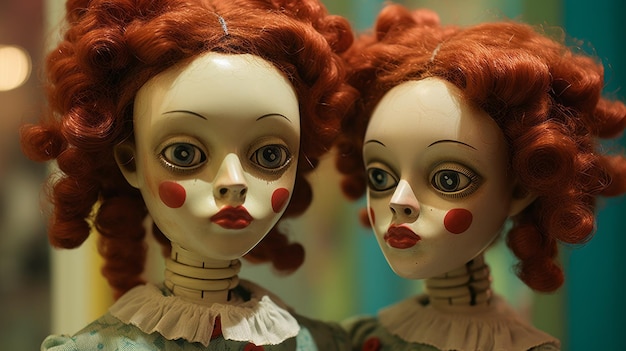 Whimsical Closeup Photo Of Doppelganger Dolls With Red Hair