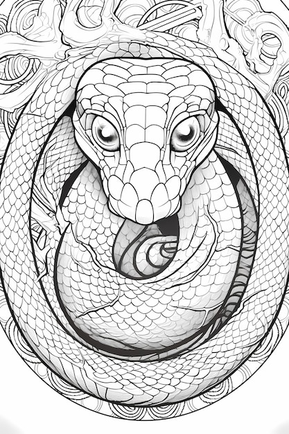 Photo whimsical coil mandala snake coloring page for adults with white background