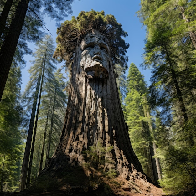 Photo whimsical collaboration pinocchio carved into a majestic sequoia by a woodpecker