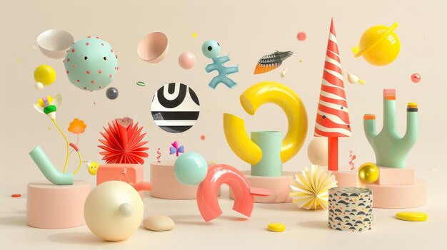 A whimsical collection of floating objects d style isolated flying objects memphis style d render ai generated illustration