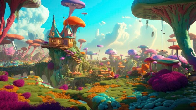 Whimsical and Colorful Anime Landscape of Fairyland for Children's Books and Storytelling