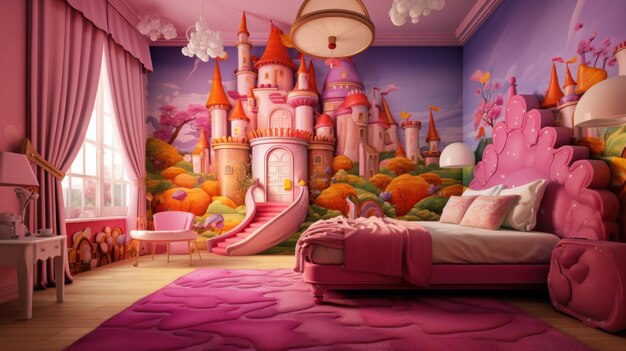 Photo a whimsical and colorful children's bedroom in a fairytale setting