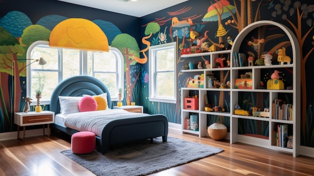 A whimsical and colorful kids' room with a vibrant mural playful furniture and plenty of storage s