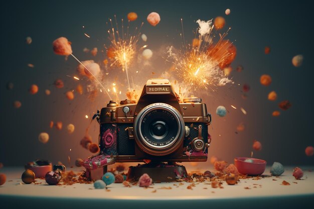 Photo whimsical composition featuring cameras as generative ai