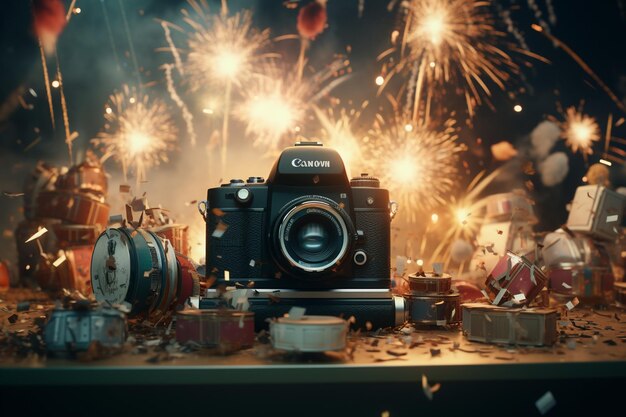 Photo whimsical composition featuring cameras as generative ai