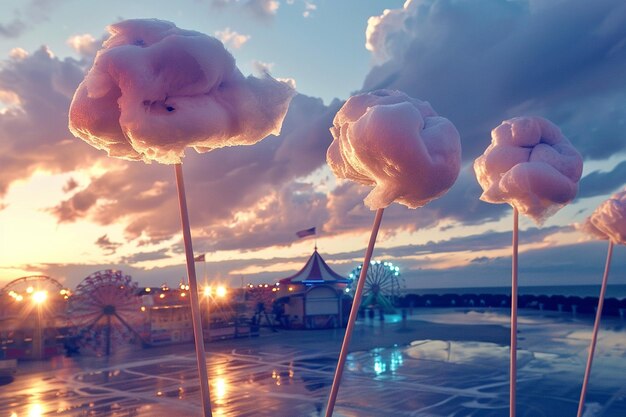 Whimsical cotton candy clouds spun on sticks at a carnival