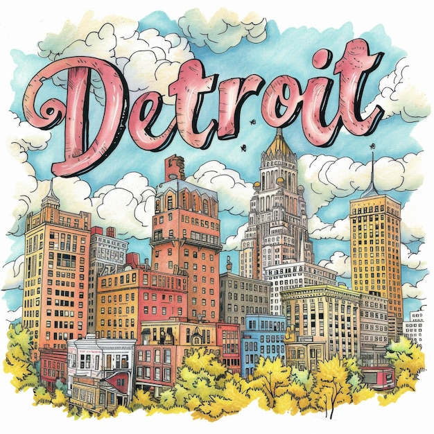 Whimsical Crayon Illustration of Detroit
