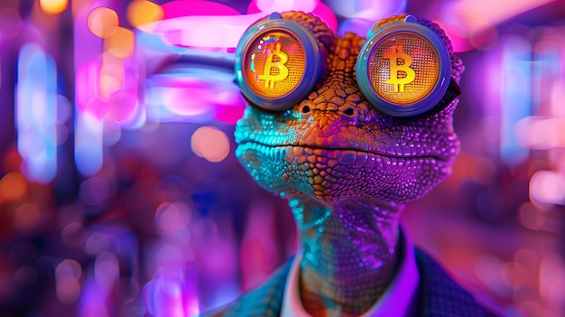 Foto creatura stravagante in abbigliamento da lavoro al neon regno fantastico di bitcoin