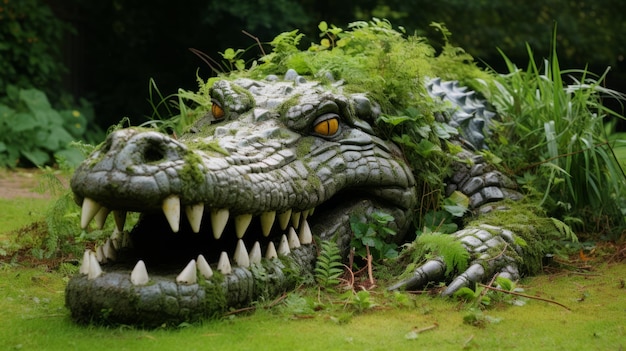 Photo whimsical crocodile statue a hyperrealistic garden delight