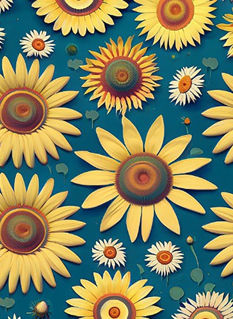 Whimsical daisy sunflower and dandelion seamless pattern for a playful atmosphere with floral background