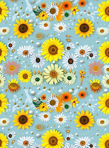 Whimsical daisy sunflower and dandelion seamless pattern for a playful atmosphere with floral background