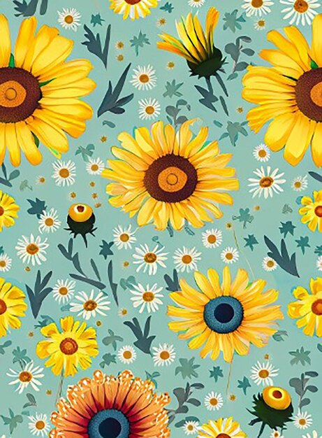 Whimsical daisy sunflower dandelion seamless portraite pattern for a playful atmosphere with floral