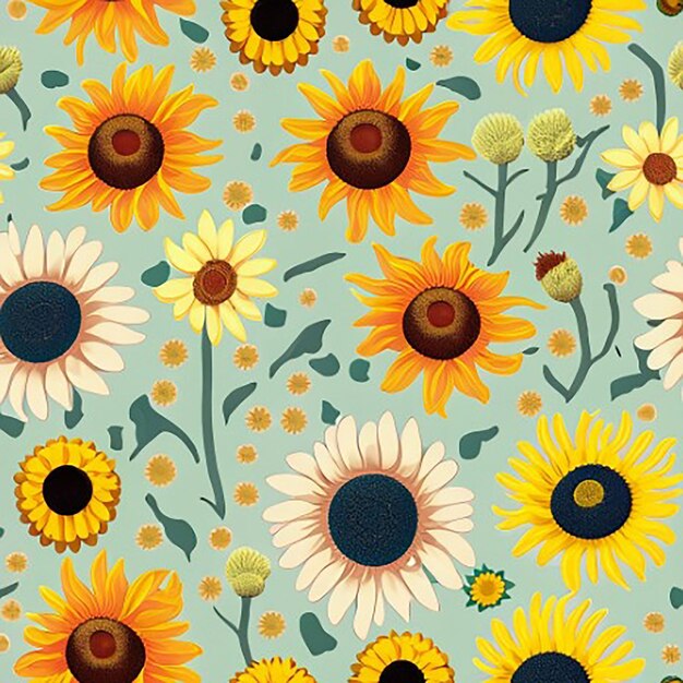 Whimsical daisy sunflower dandelion seamless square pattern for a playful atmosphere with floral background