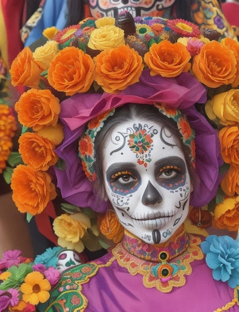 A whimsical Day of the Dead celebration with vibrant paper mache skeletons and vibrant streamers