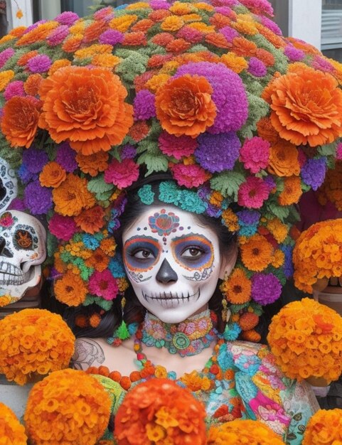 A whimsical day of the dead celebration with vibrant paper mache skeletons and vibrant streamers