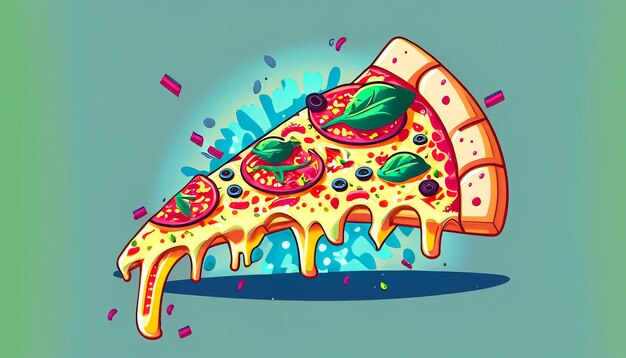 Foto whimsical delight flying slice of pizza cartoon vector illustration allettante concetto di fast food